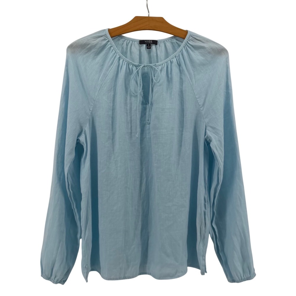 NYDJ 100% Linen Blouse Women Blue Peasant Top Long Sleeve Size S